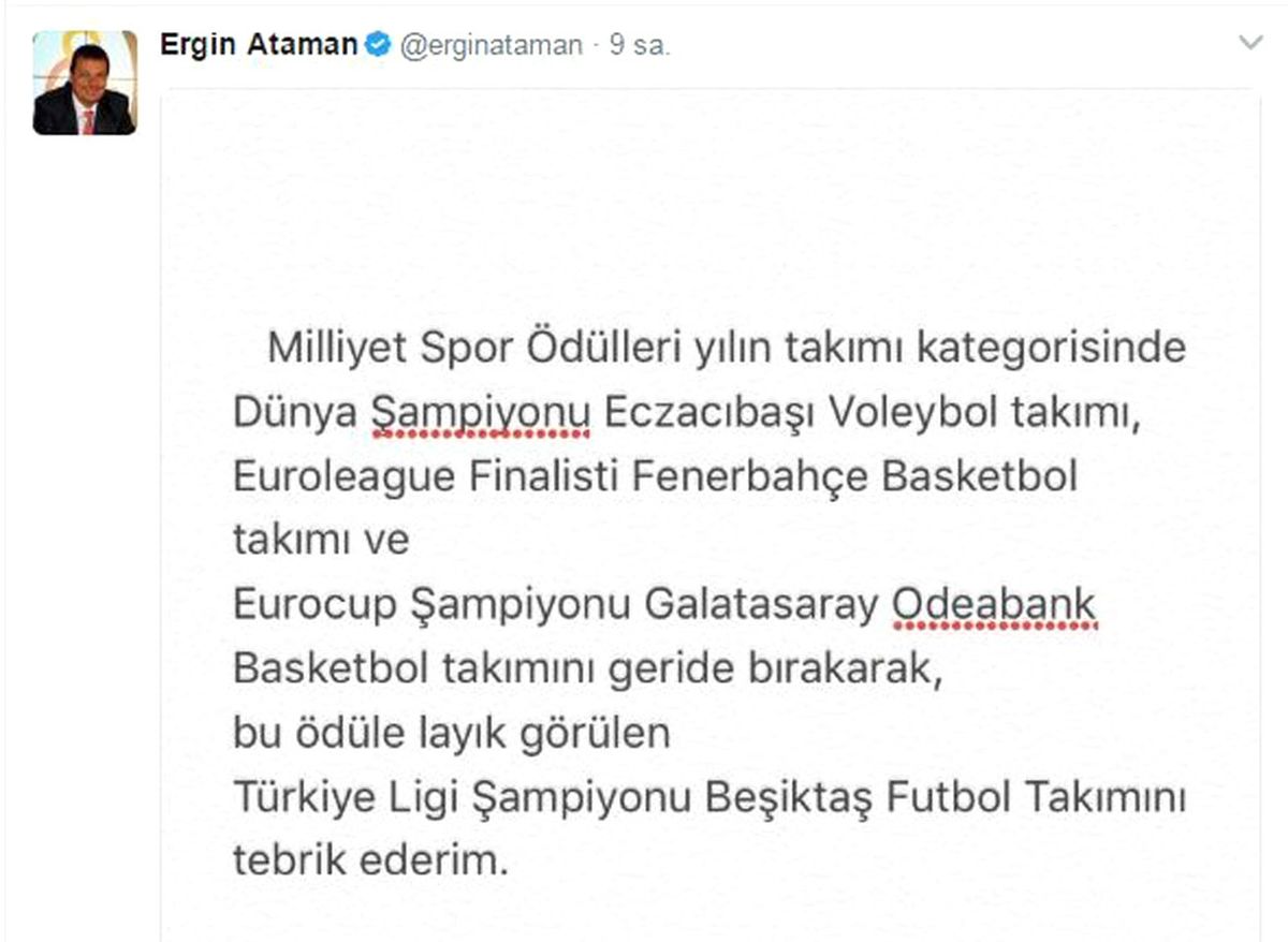 Ergin Ataman\'dan Ödül Eleştirisi