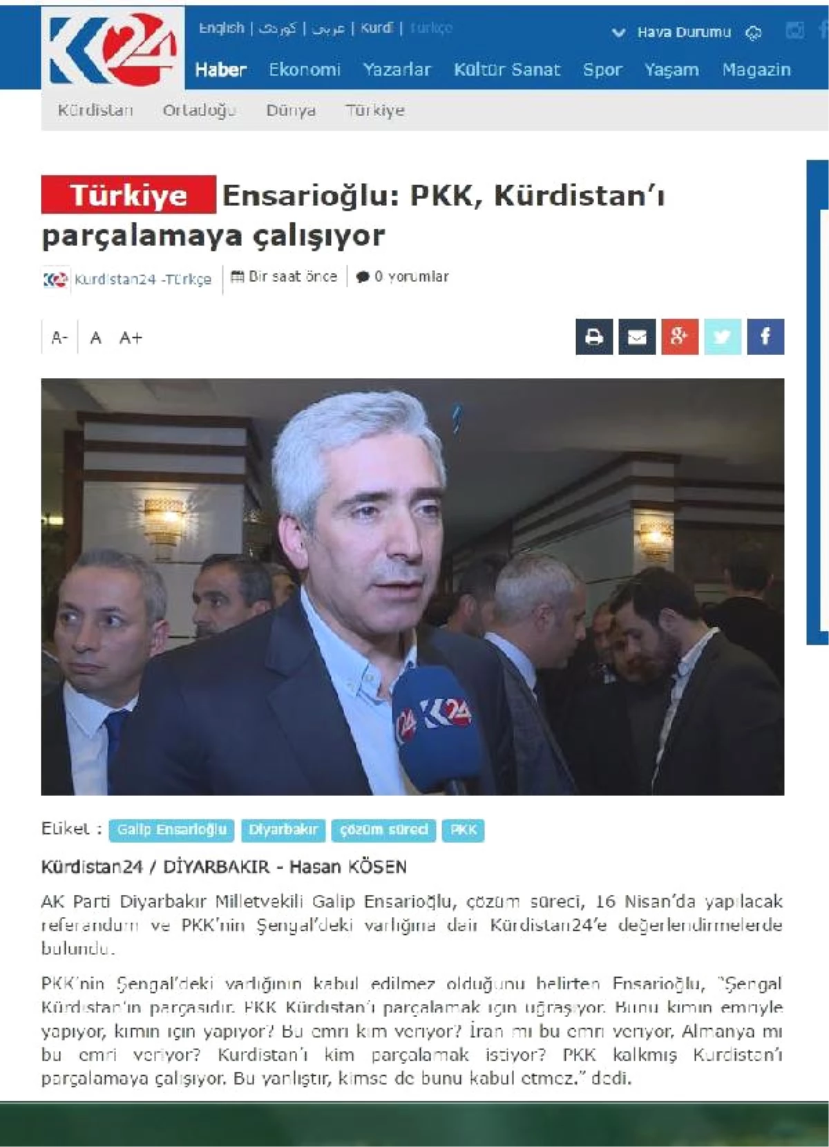 Ak Partili Ensarioğlu: Pkk, Kürdistan\'ı Parçalamaya Çalışıyor