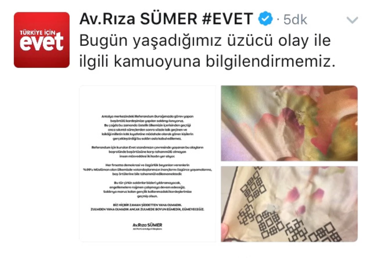 Antalya İl Başkanı Rıza Sümer, Paylaştığı Yırtık Başörtüyle Saldırıyı Kınadı