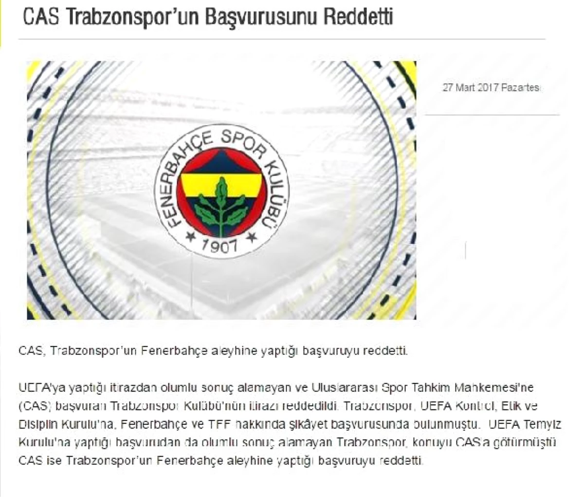 Cas, Trabzonspor\'un İtirazını Reddetti