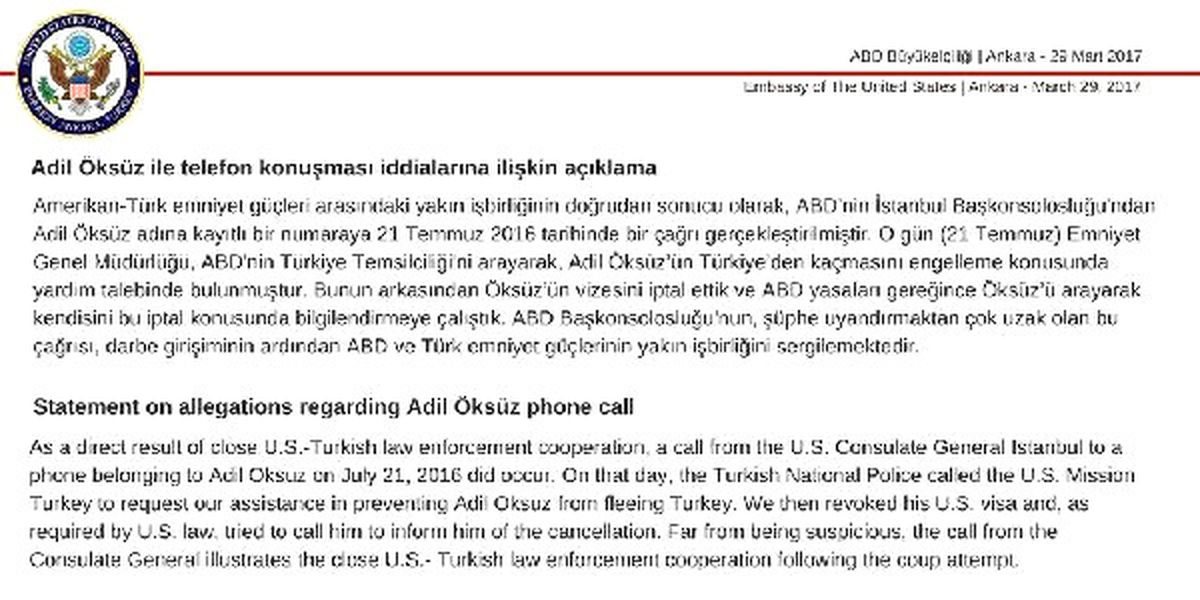 ABD\'den Adil Öksüz Açıklaması: Öksüz\'ün Vizesini İptal Ettik, Kendisini Bilgilendirmeye Çalıştık