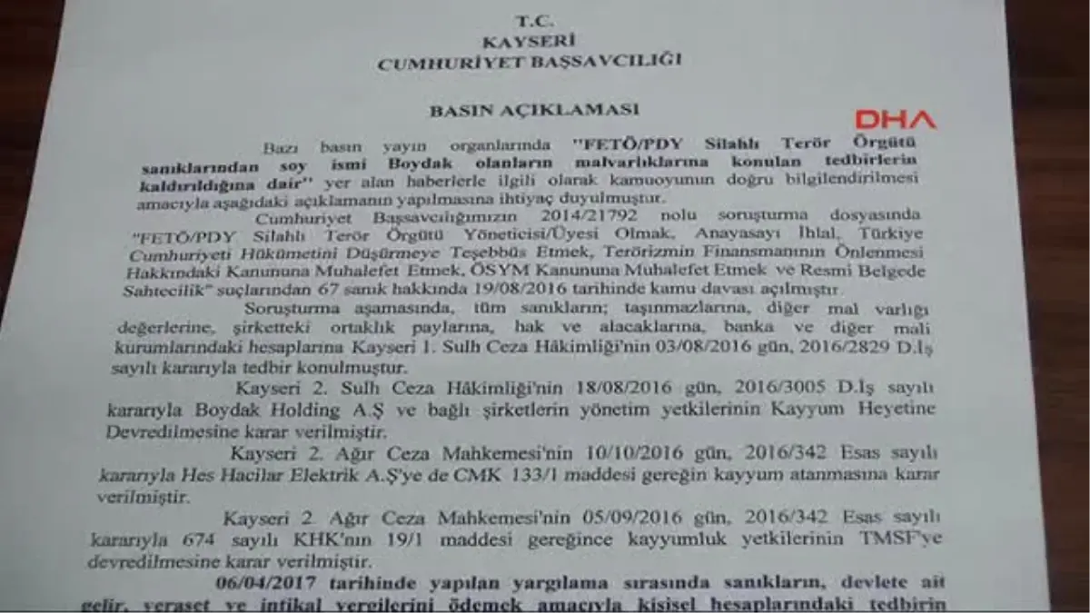 Kayseri Boydak\'ların Hesaplarındaki Tedbir Vergi Ödeyebilmeleri Için Kısmen Kalktı