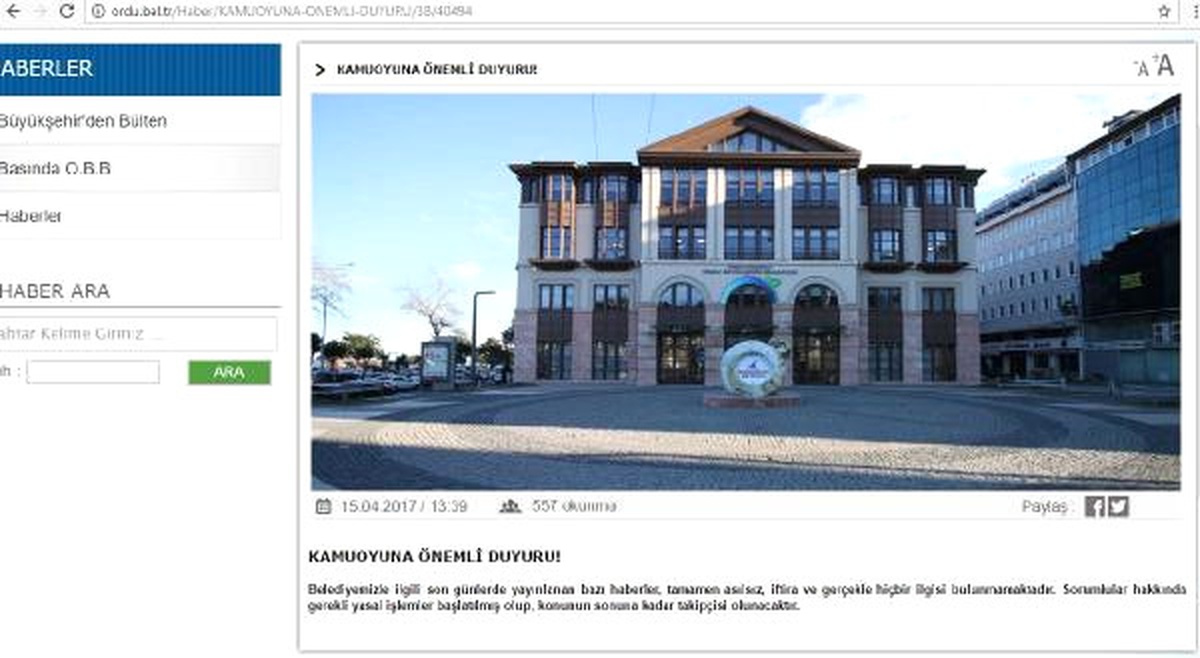 Ordu Büyükşehir Belediyesi\'nden \'Belediyede Arama\' Haberlerine Tepki