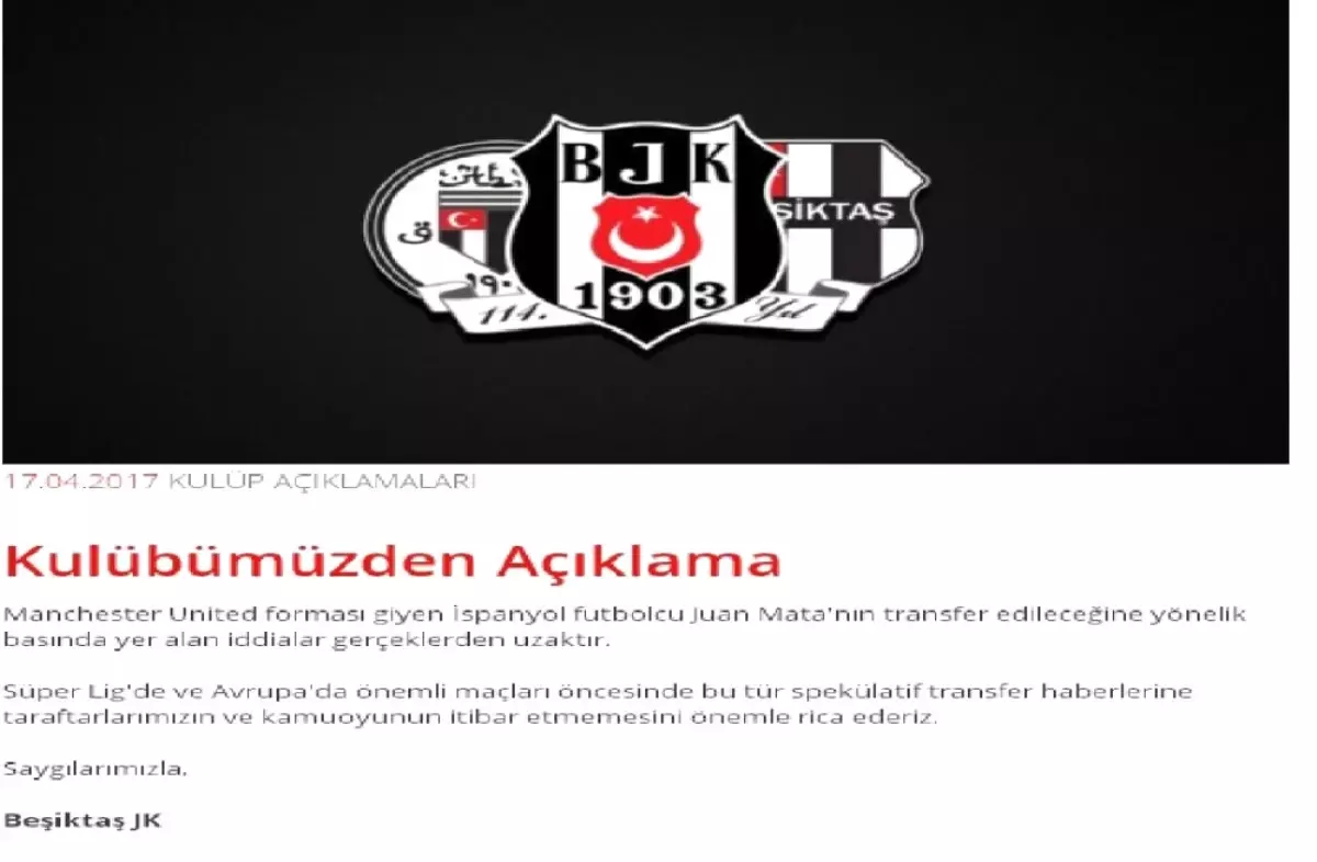 Beşiktaş\'tan Mata Açıklaması