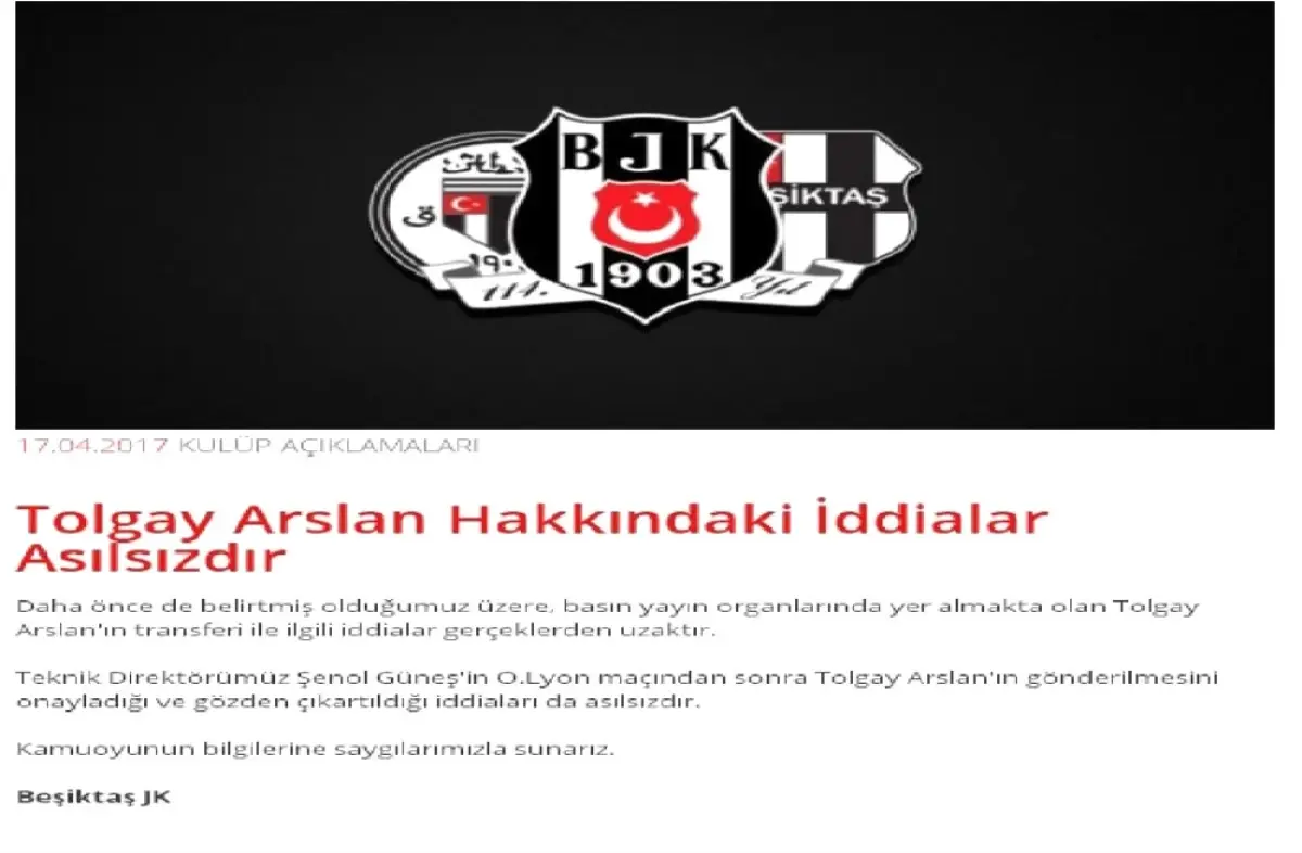 Beşiktaş\'tan Tolgay Arslan Açıklaması