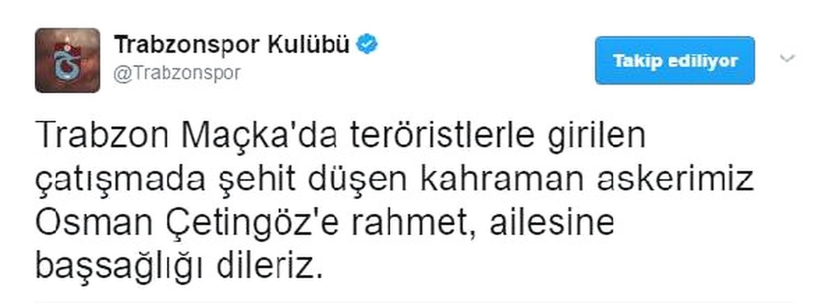 Trabzonspor\'dan Şehit Asker İçin Başsağlığı Mesajı