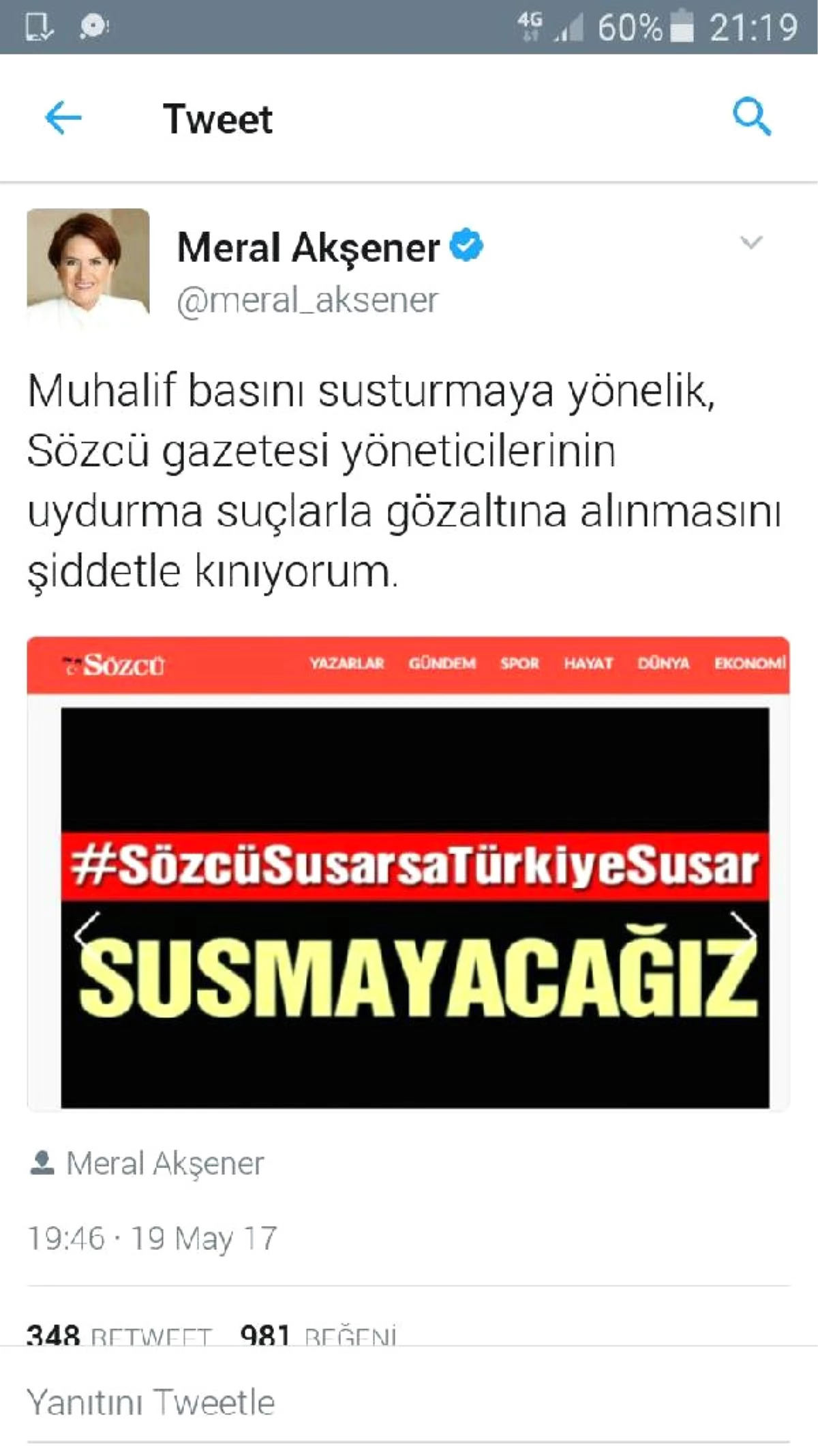 Meral Akşener Sözcü Gazetesi Bazı Çalışanlarının Gözaltına Alınmasını Kınadı