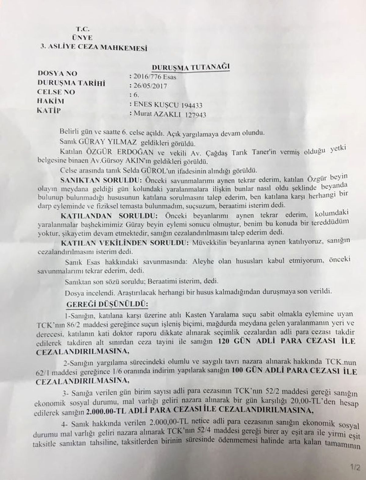 Başhekime Darptan 2 Bin Lira Ceza