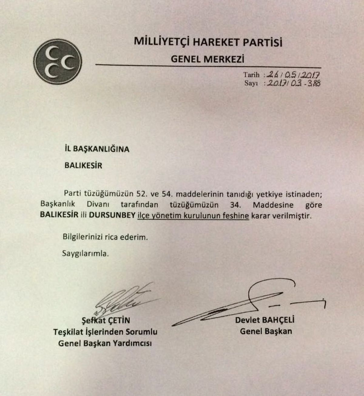Dursunbey MHP İlçe Başkanı ve Yönetimi Görevden Alındı