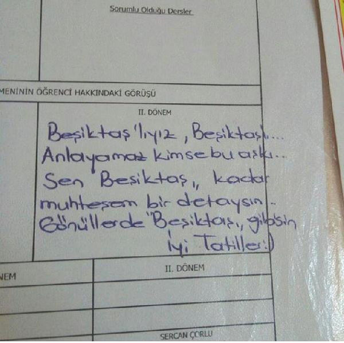 Fanatik Beşiktaşlı Öğretmenden İlginç Karne Notu