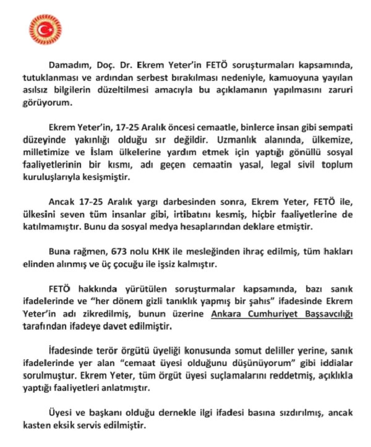 Bülent Arınç: Ekrem Yeter, Damadım Olduğu İçin Değil; Hukukun Gereği Olarak Serbest Bırakılmıştır
