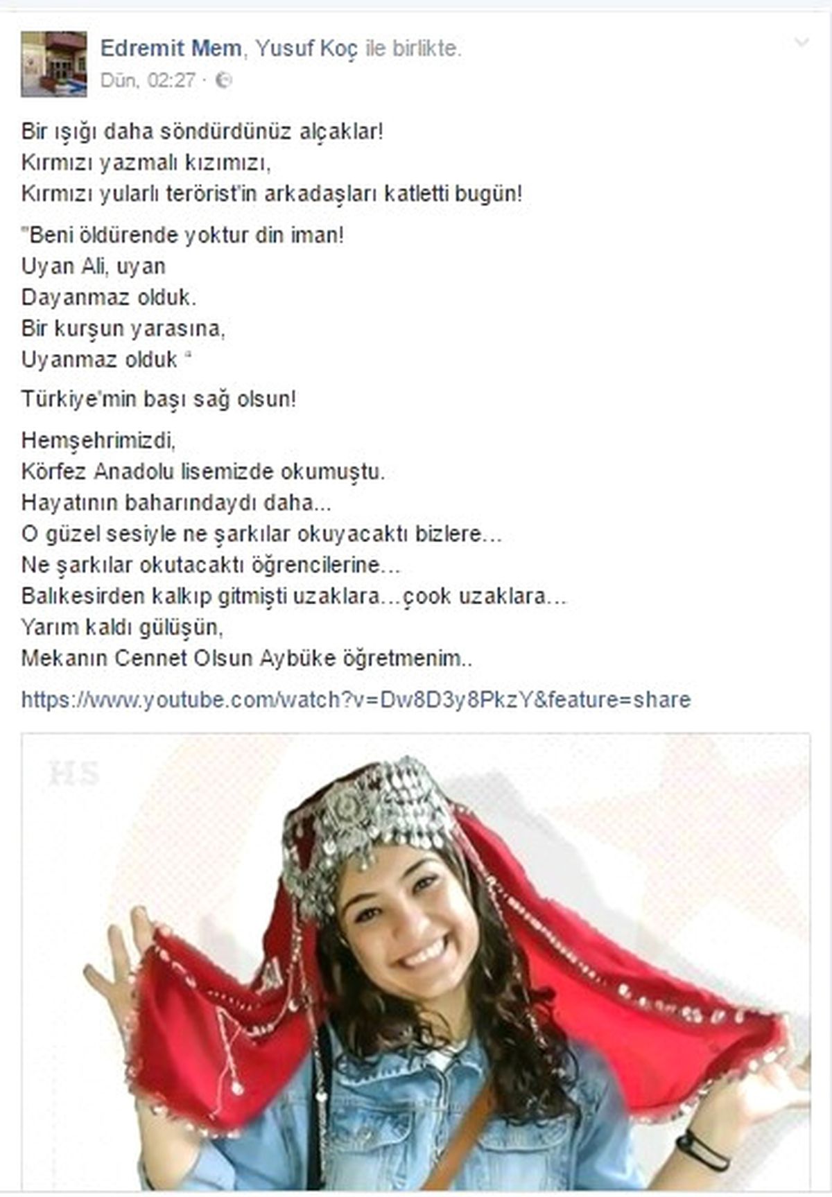 Edremit Milli Eğitim\'den Şehit Aybüke Öğretmen İçin Anlamlı Paylaşım
