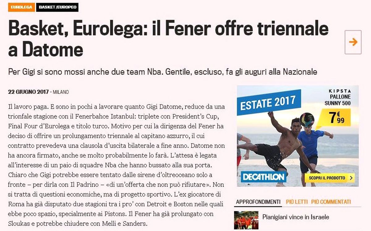 Sarı-Lacivertliler İtalyan Basketbolcu Luigi Datome\'ye İmza Attırmak İstiyor