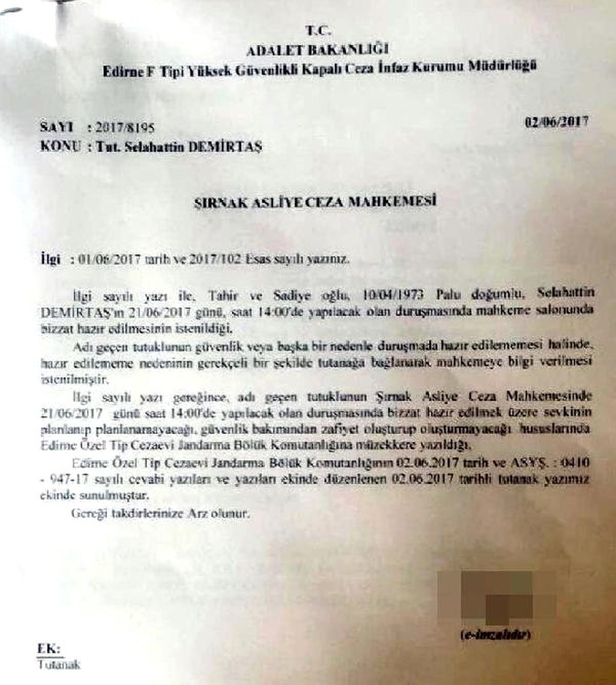 Mahkeme Demirtaş\'ı Şırnak\'a İstedi, Jandarma \'Güvenlik Riski Var\' Dedi