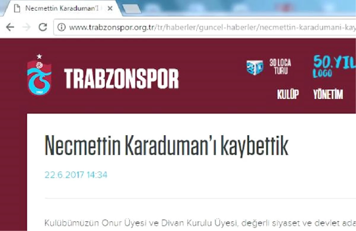 Trabzonspor, Necmettin Karaduman İçin Mesaj Yayınladı