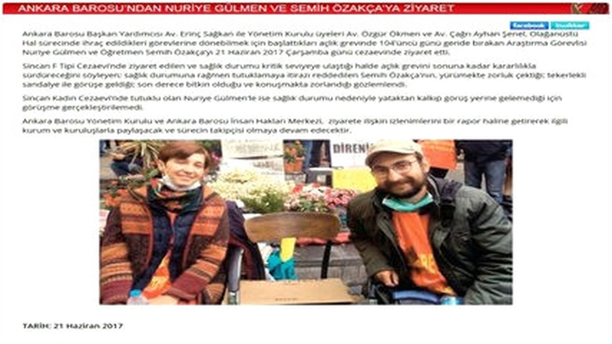 Ankara Barosu Temsilcileri Nuriye Gülmen ve Semih Özakça\'yı Ziyaret Etti