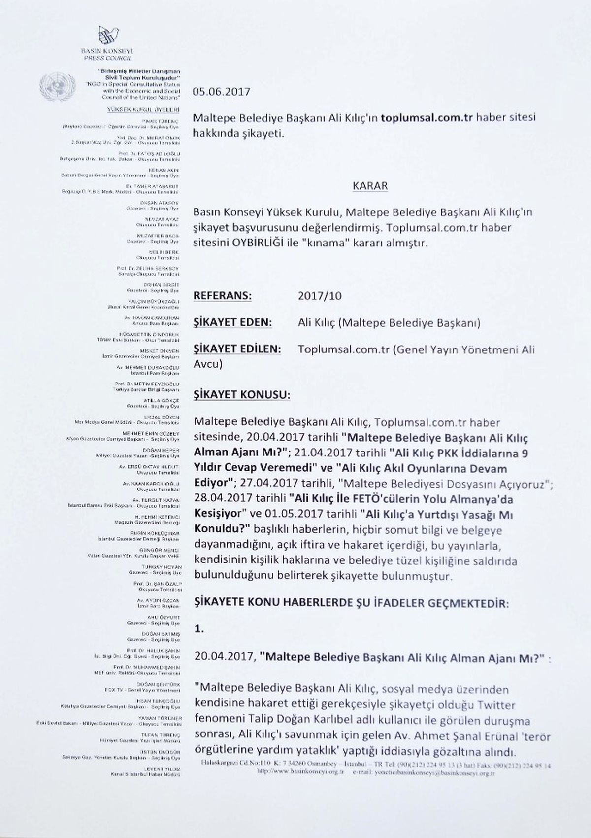 Basın Konseyi\'nden İftiraya "Kınama"