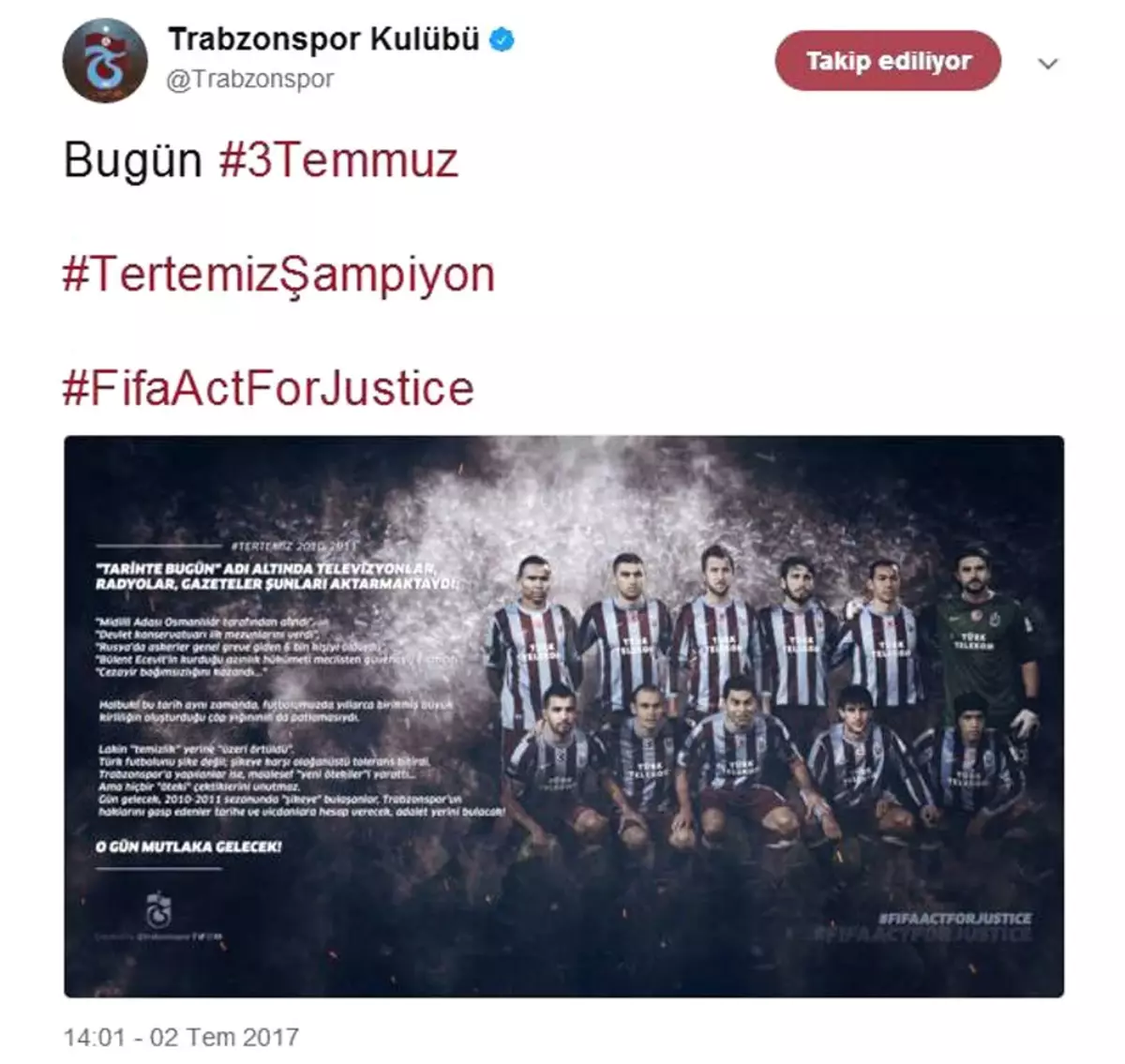 Trabzonspor\'dan 3 Temmuz Paylaşımı