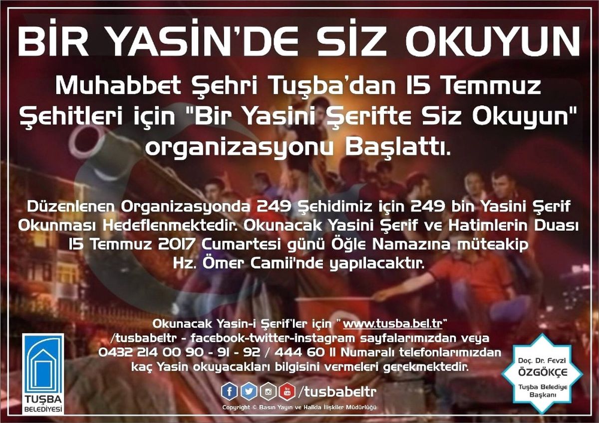 15 Temmuz Şehitleri İçin "249 Bin Yasin" Organizasyonu