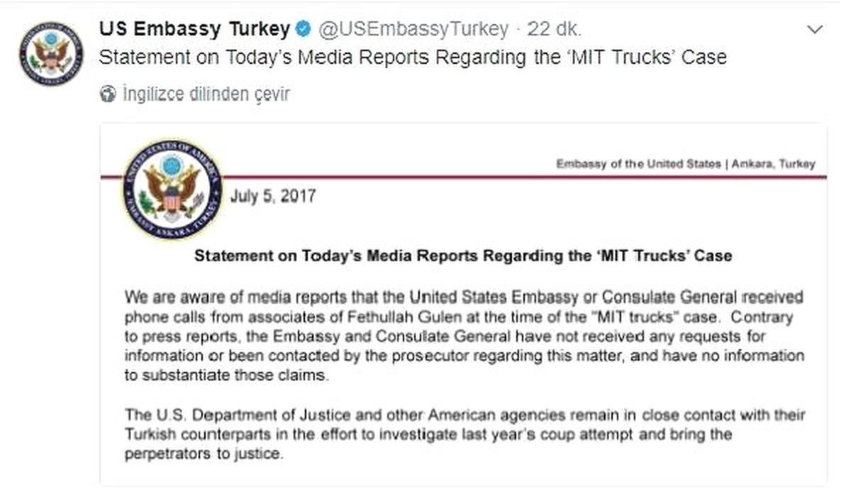 US Embassy Denies Reports On Turkish İntel Trucks Case