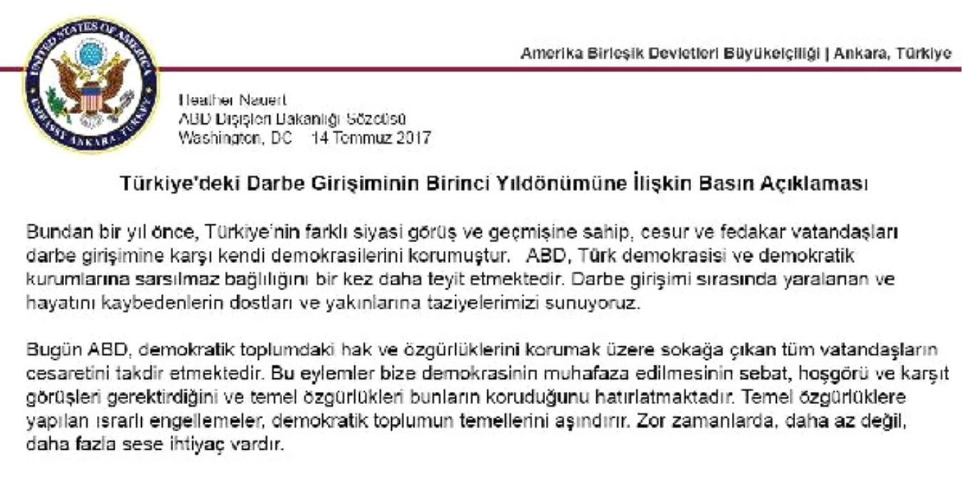 ABD\'den 15 Temmuz Mesajı: Abd, Türk Demokrasisi ve Demokratik Kurumlarına Sarsılmaz Bağlılığını Bir...