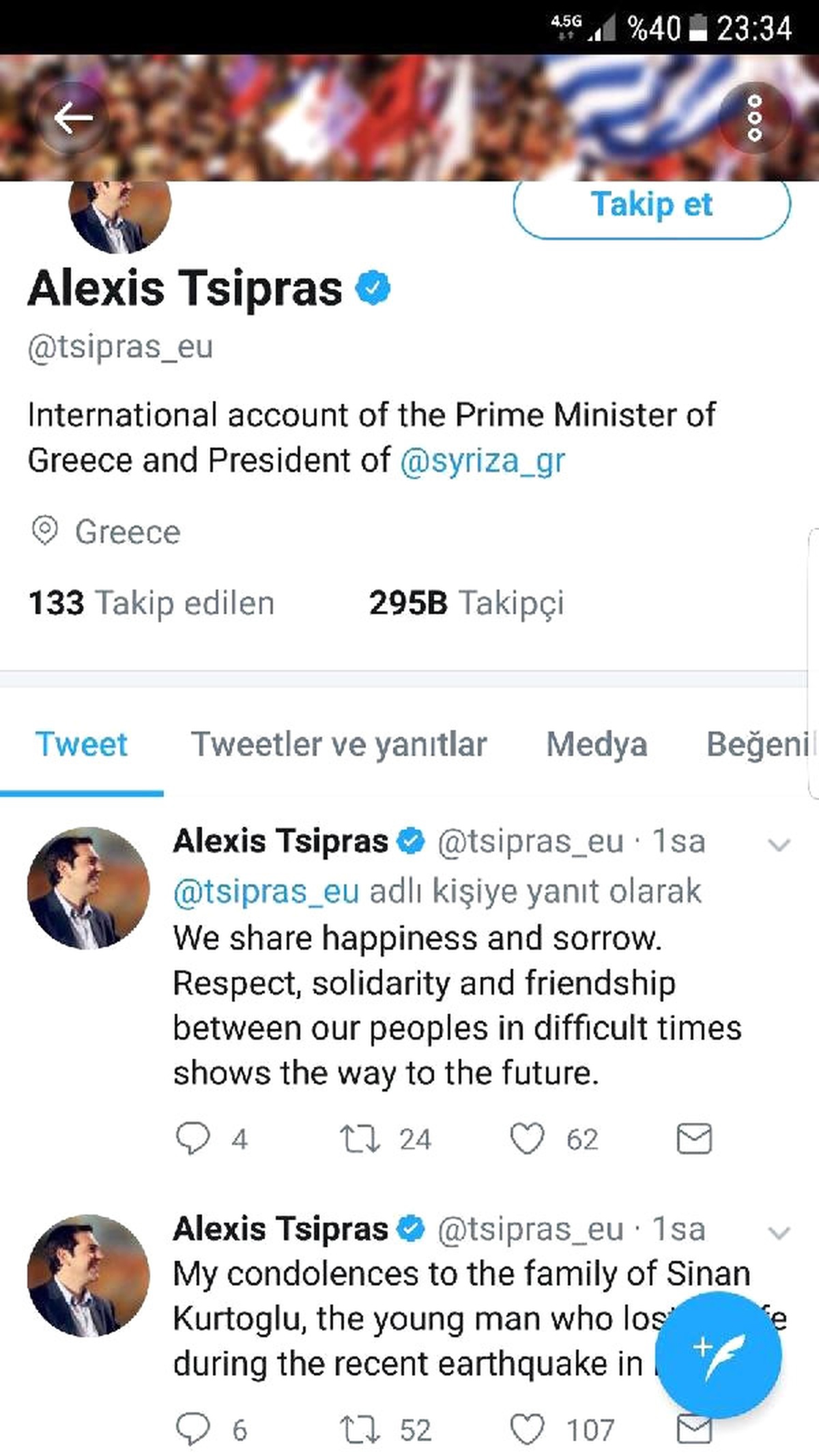 Yunanistan Başbakanı Çipras\'tan Taziye Mesajı