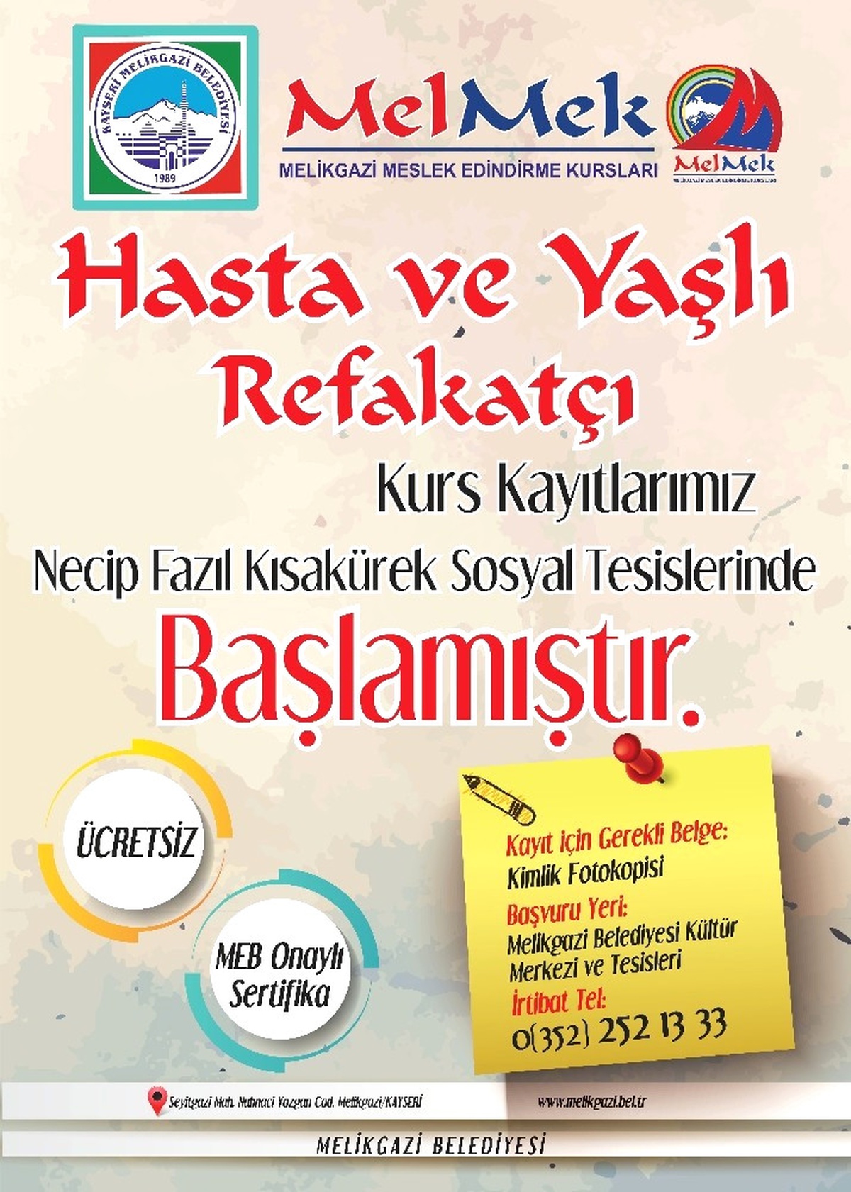 Melikgazi Belediyesi Hasta ve Yaşlı Bakım Kursu Açacak