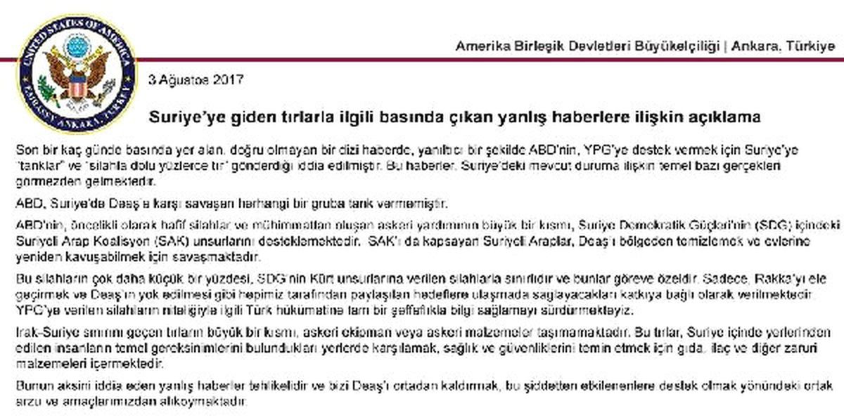 ABD Ankara Büyükelçiliği: Abd, Suriye\'de Deaş\'a Karşı Savaşan Herhangi Bir Gruba Tank Vermemiştir