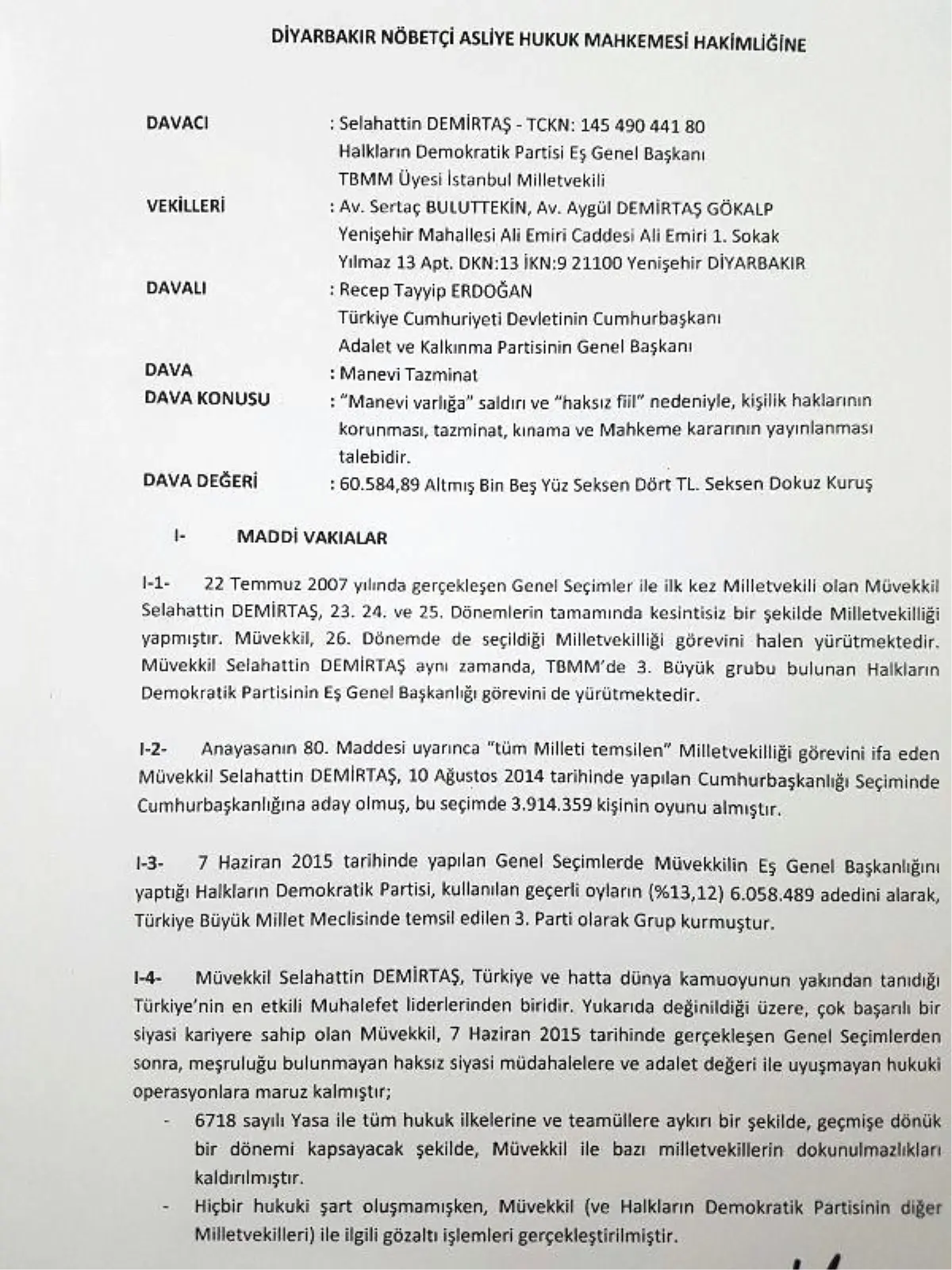 Demirtaş\'tan Cumhurbaşkanı Erdoğan\'a 60 Bin Liralık Tazminat Davası