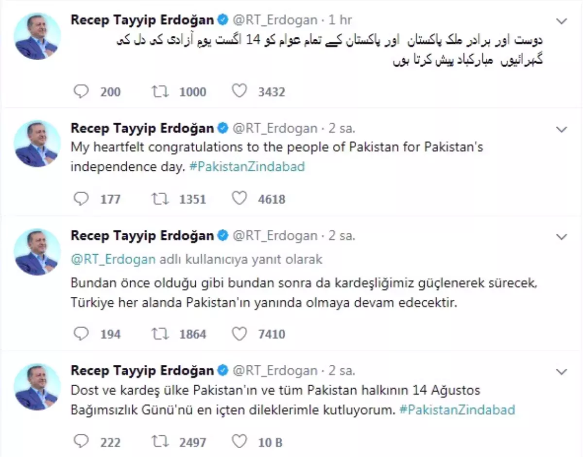 Cumhurbaşkanı Erdoğan\'dan Pakistan\'a Kutlama Mesajı