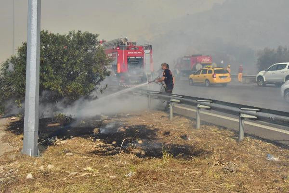 İzmir\'de Otoyol Kenarında Çıkan Orman Yangını Korkuttu