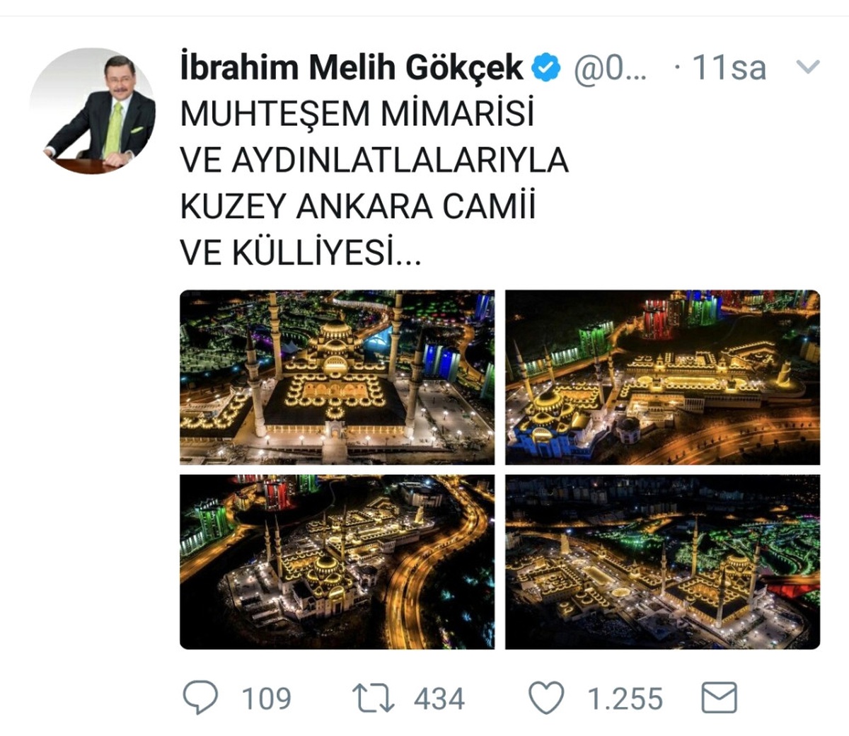 Melih Gökçek\'ten "Kuzey Ankara Camii ve Külliyesi" Paylaşımı