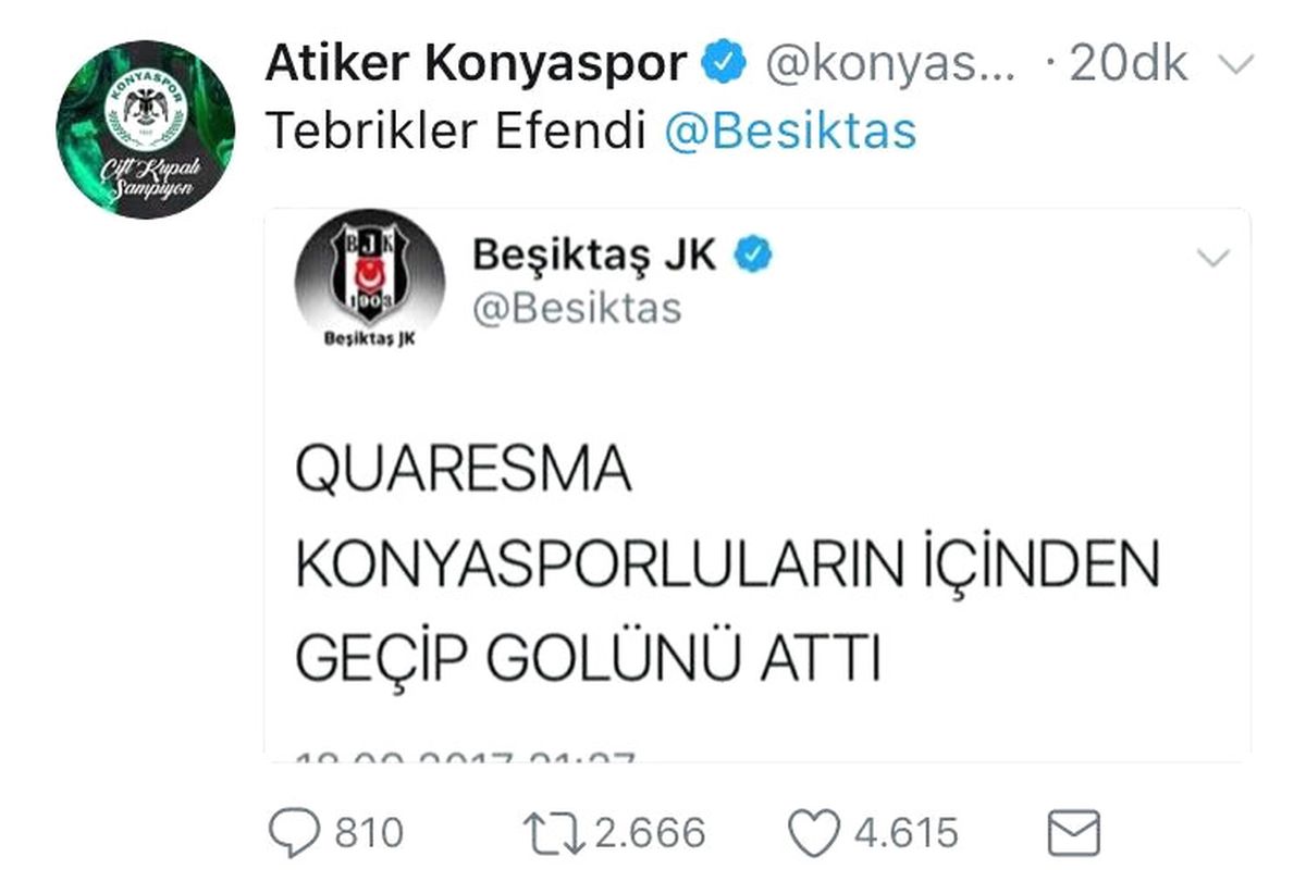 Atiker Konyaspor\'dan Beşiktaş\'a Yanıt: "Tebrikler Efendi"