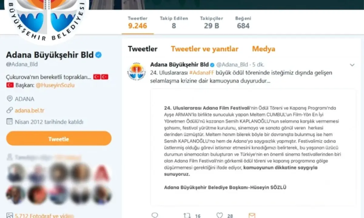 Adana Büyükşehir Belediyesi\'nden Meltem Cumbul\'a Kınama