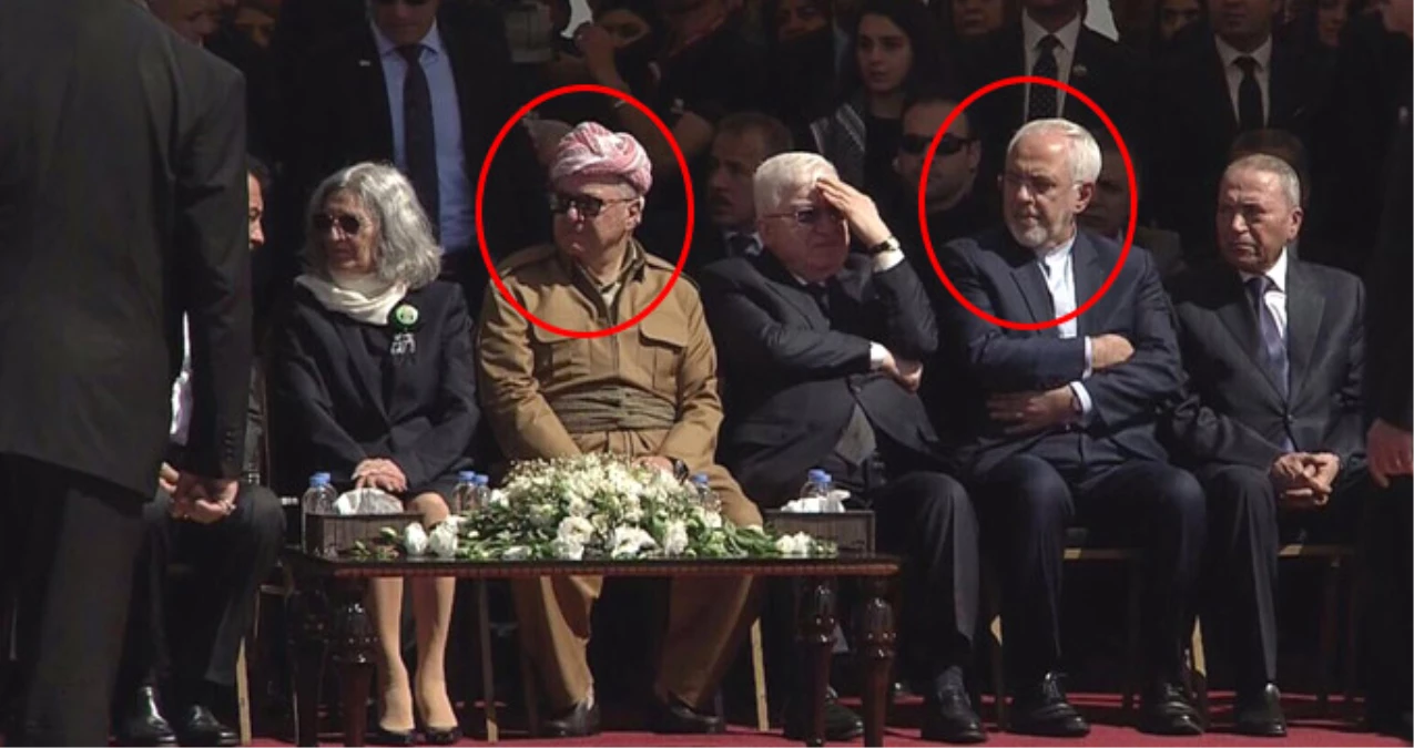 İran Dışişleri Bakanı Zarif ve Barzani, Talabani\'nin Cenazesinde Yan Yana Oturdu