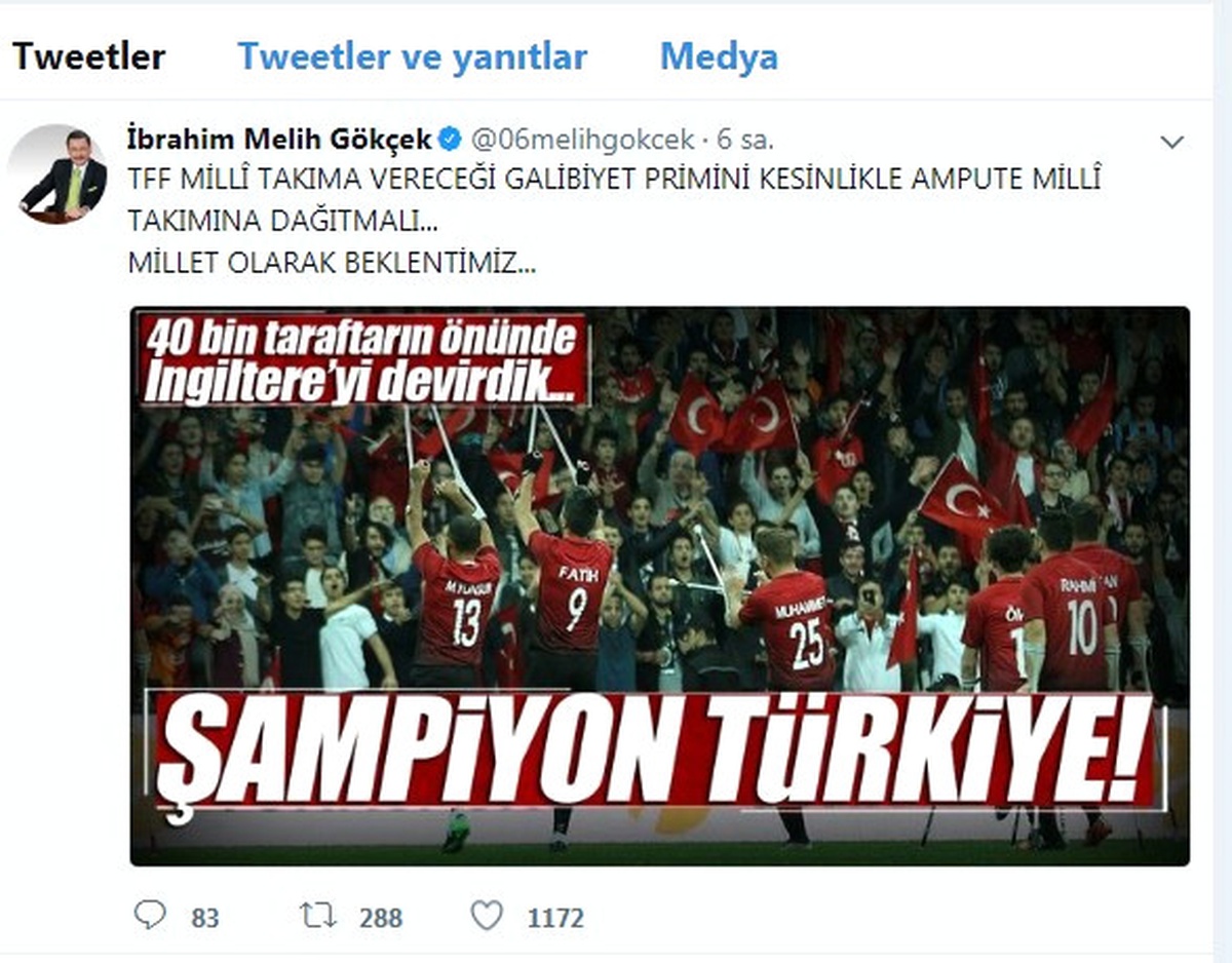 Başkan Gökçek\'ten, Ampute Milli Takımı\'na Büyük Jest