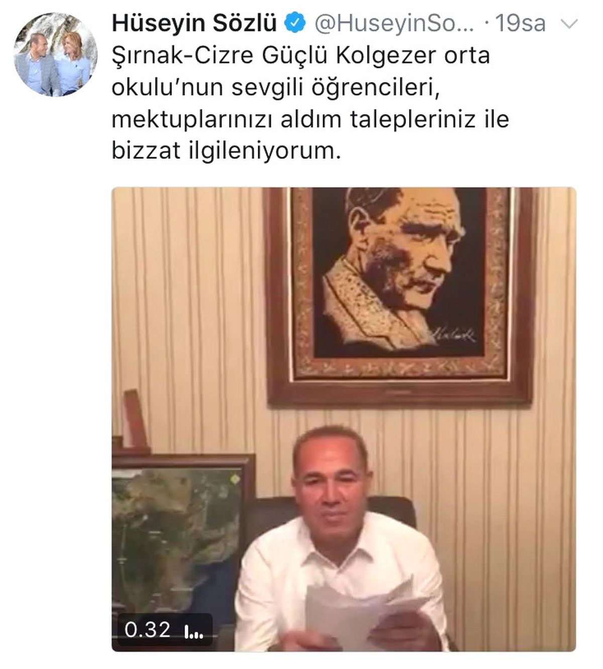 Başkan Sözlü\'ye Şırnaklı Öğrencilerden Mektup Var