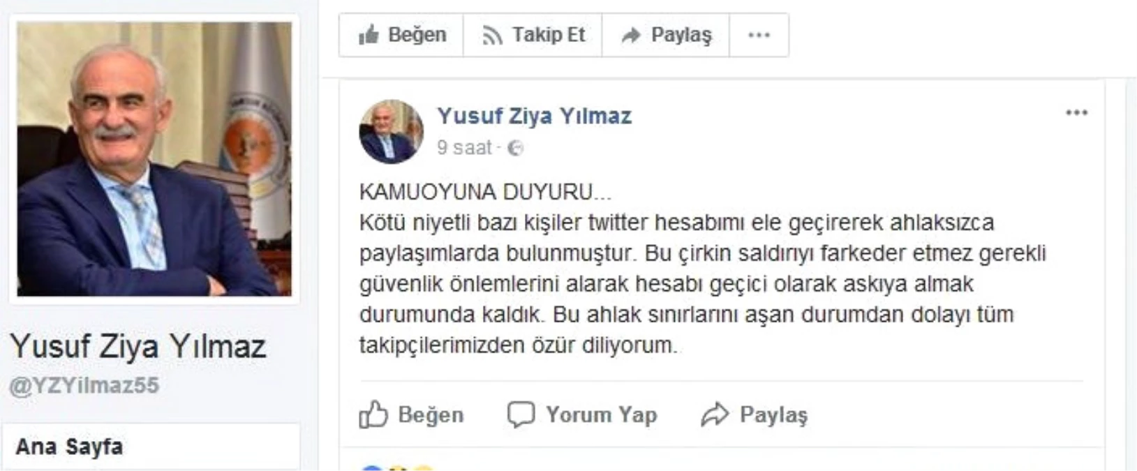 Başkan Yılmaz: "Hesabım Ele Geçirilerek Ahlaksızca Paylaşımlarda Bulunulmuştur"