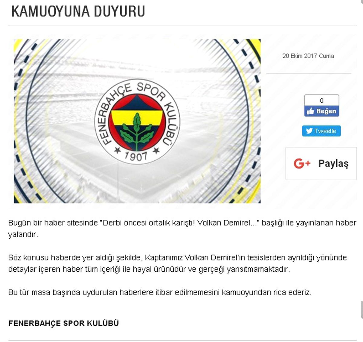 Fenerbahçe\'den Volkan Demirel Açıklaması