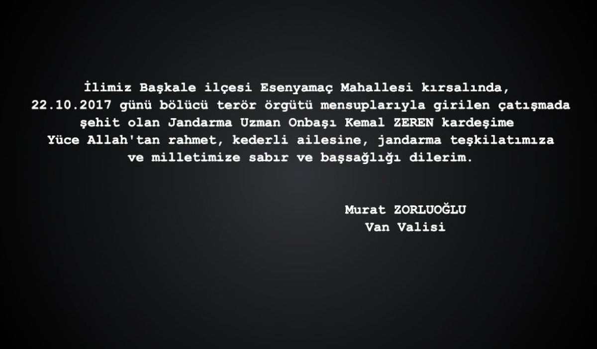 Vali Zorluoğlu, Şehit Zeren İçin Taziye Mesajı Yayınladı