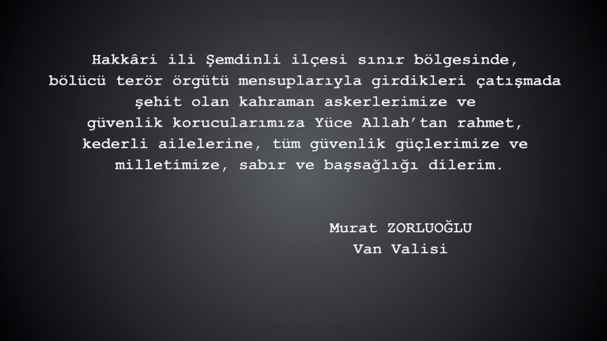 Vali Zorluoğlu, Hakkari Şehitleri İçin Taziye Mesajı Yayınladı