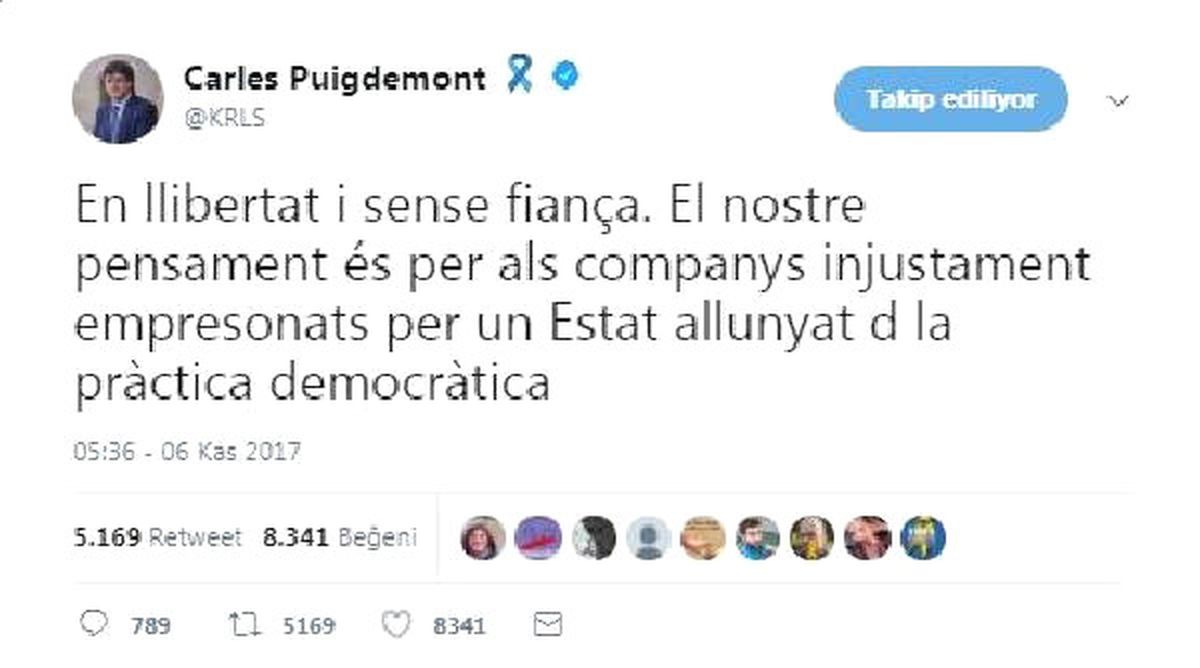 Katalan Liderden Tutuklu Arkadaşlara Destek Tweet\'i
