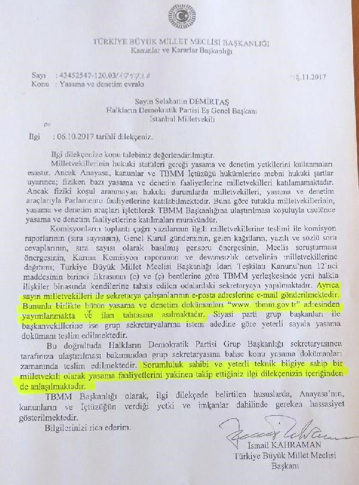 TBMM Başkanı Kahraman, Demirtaş\'ın Dilekçesine Yanıt Verdi
