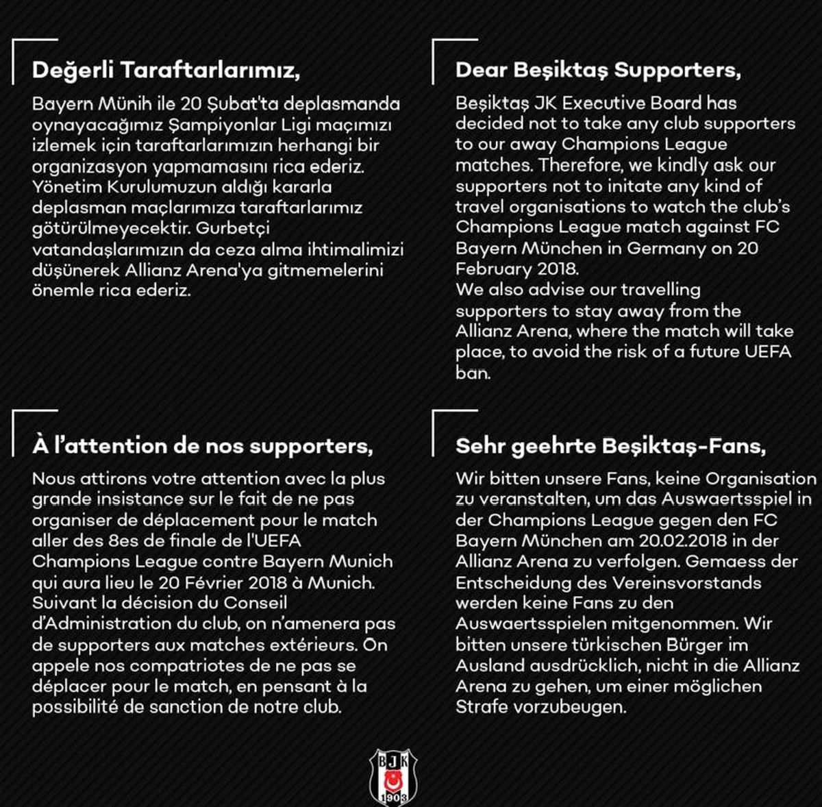 Beşiktaş\'tan Taraftara Çağrı