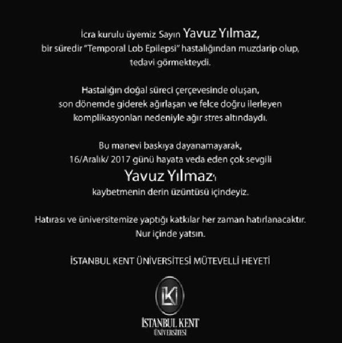 Kent Üniversitesi\'nden Yavuz Yılmaz\'ın Ölümüyle İlgili Açıklama
