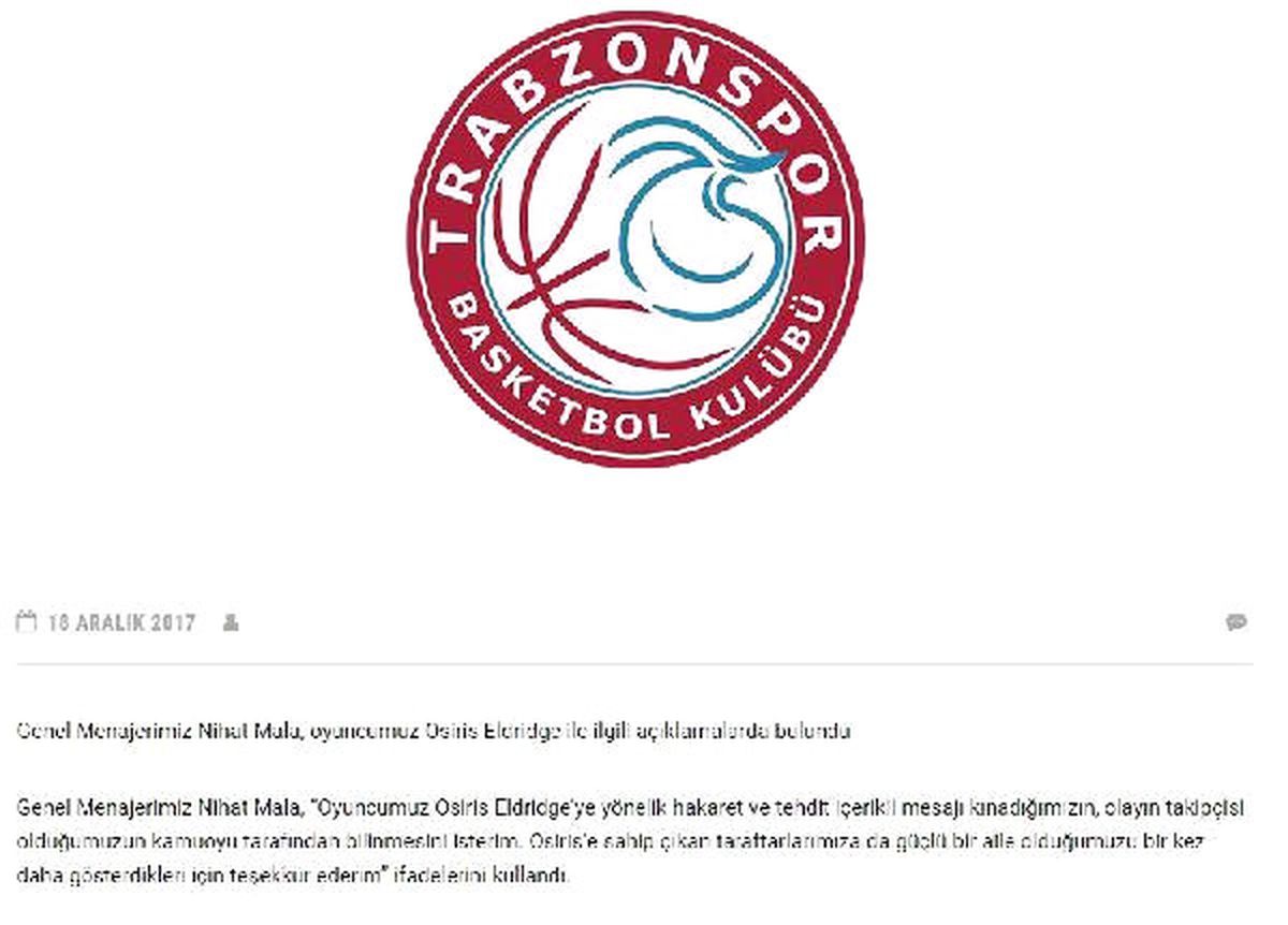 Trabzonspor Basketbol Kulübü\'nden \'Eldridge\' Açıklaması