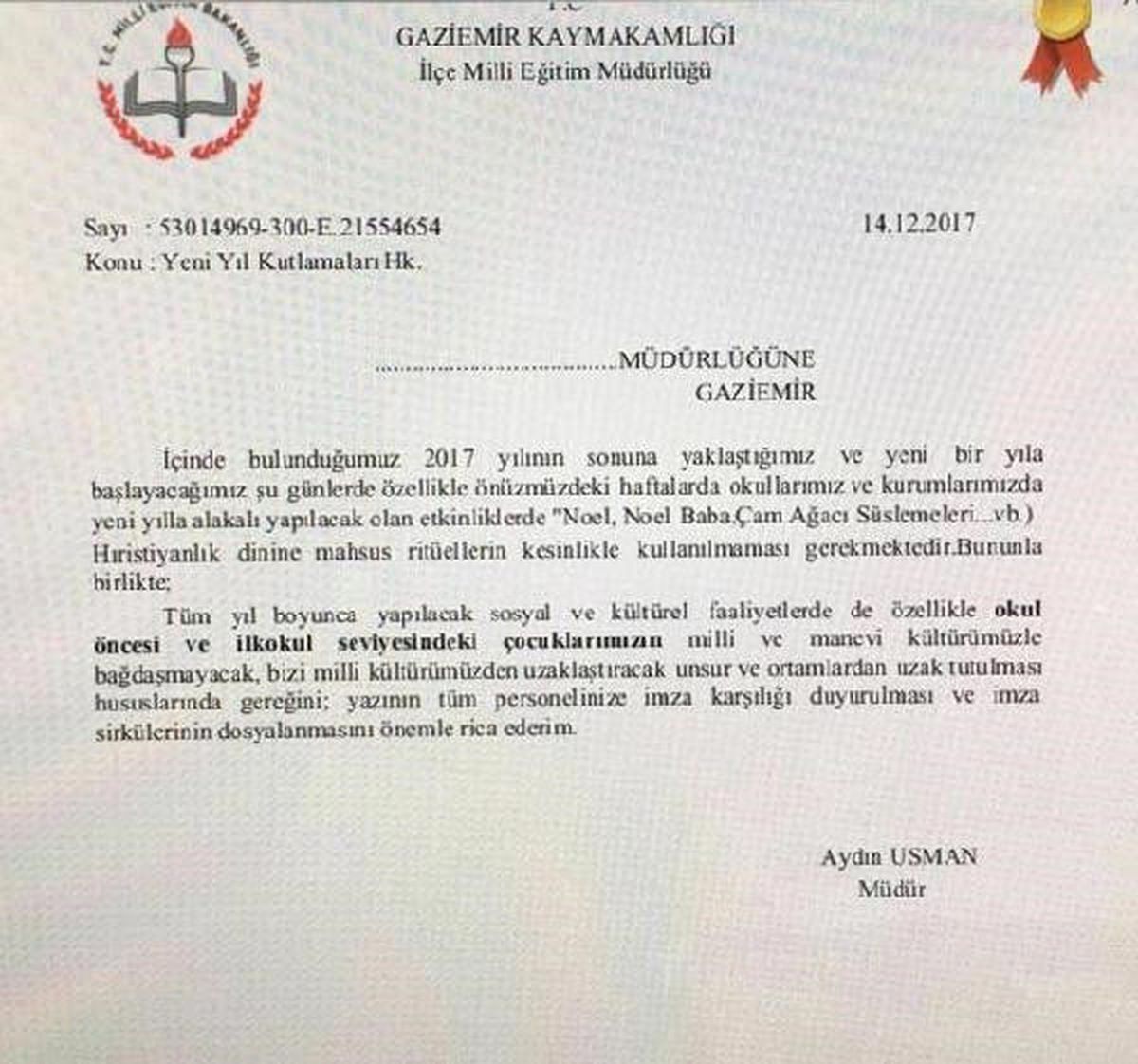 İlçe Milli Eğitim Müdürü\'nden \'Hristiyan Ritüellerinden Kaçının\' Uyarısı