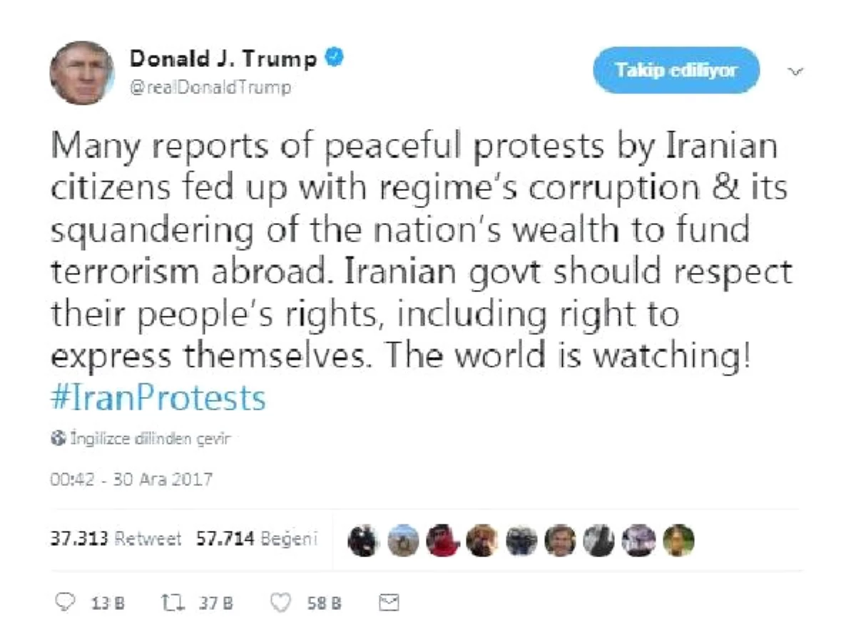 Trump\'dan İran Protestolarına Destek Tweeti