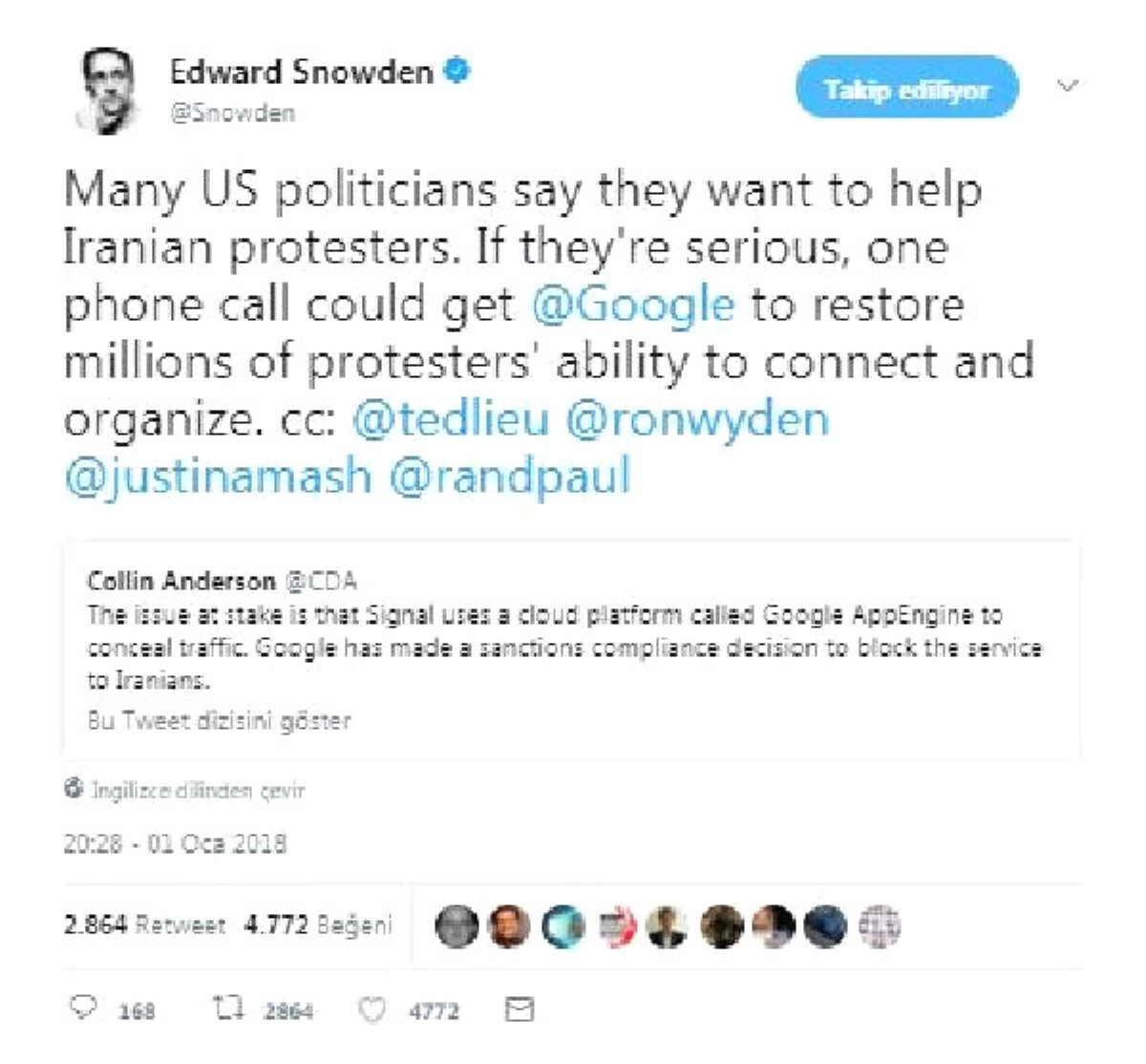 Snowden: ABD Ciddiyse Google\'a Bir Telefonla İranlı Göstericilere Destek Olabilir