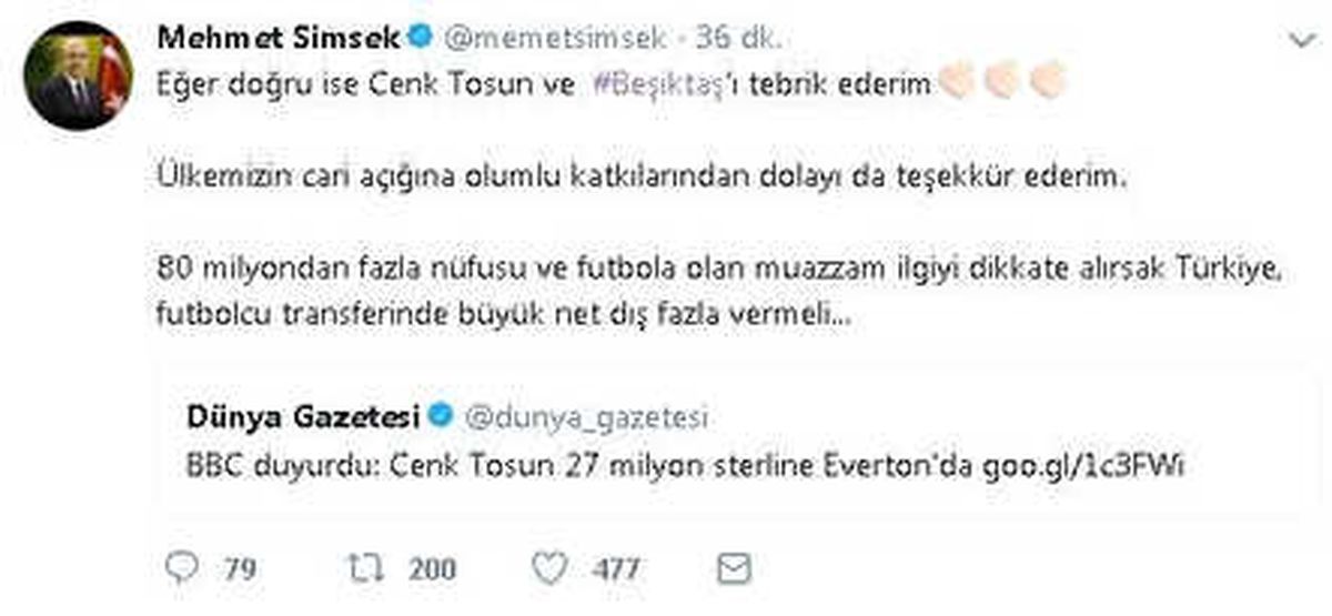 Şimşek, \'Beşiktaş\' ve \'Cenk Tosun\' A Teşekkür Mesajı Yayınladı
